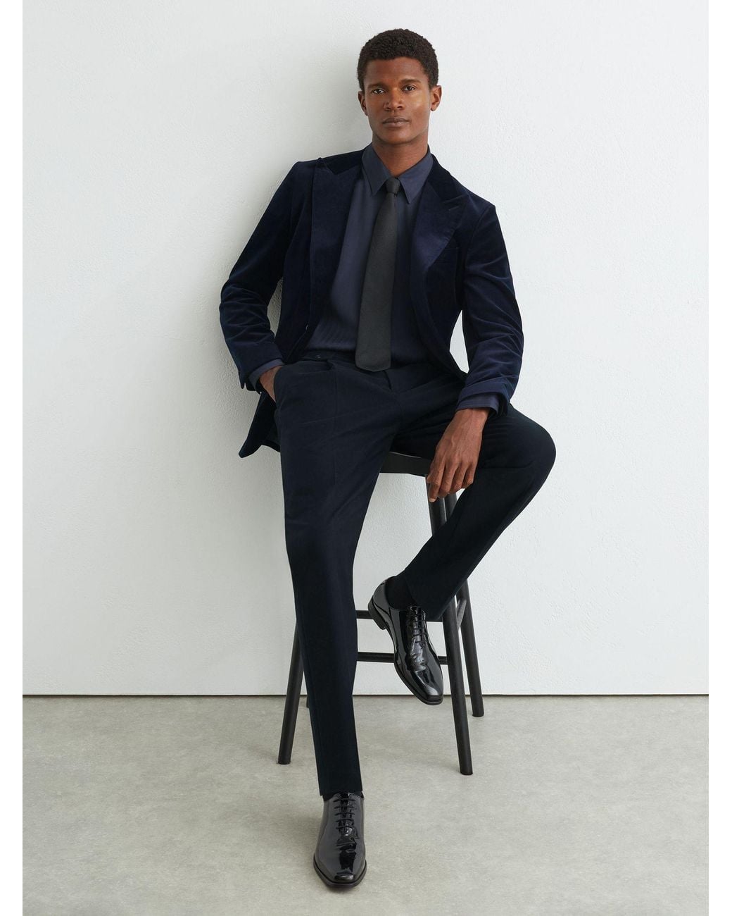 Reiss Blue Cotton-Blend Moleskin Tapered Trousers for men