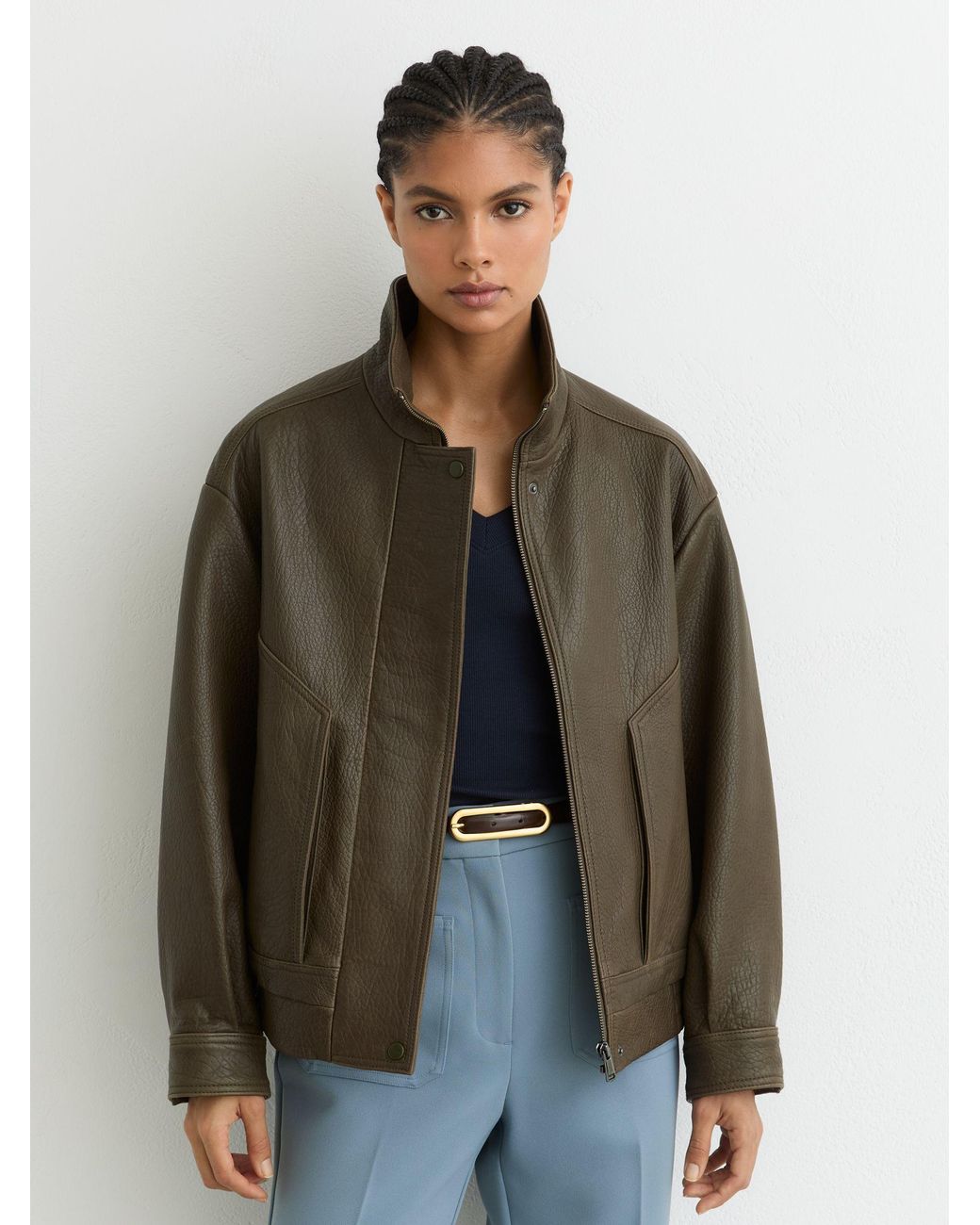 Reiss Brown Kiara - Khaki Green Oversized Grained-leather Bomber Jacket, Us 8
