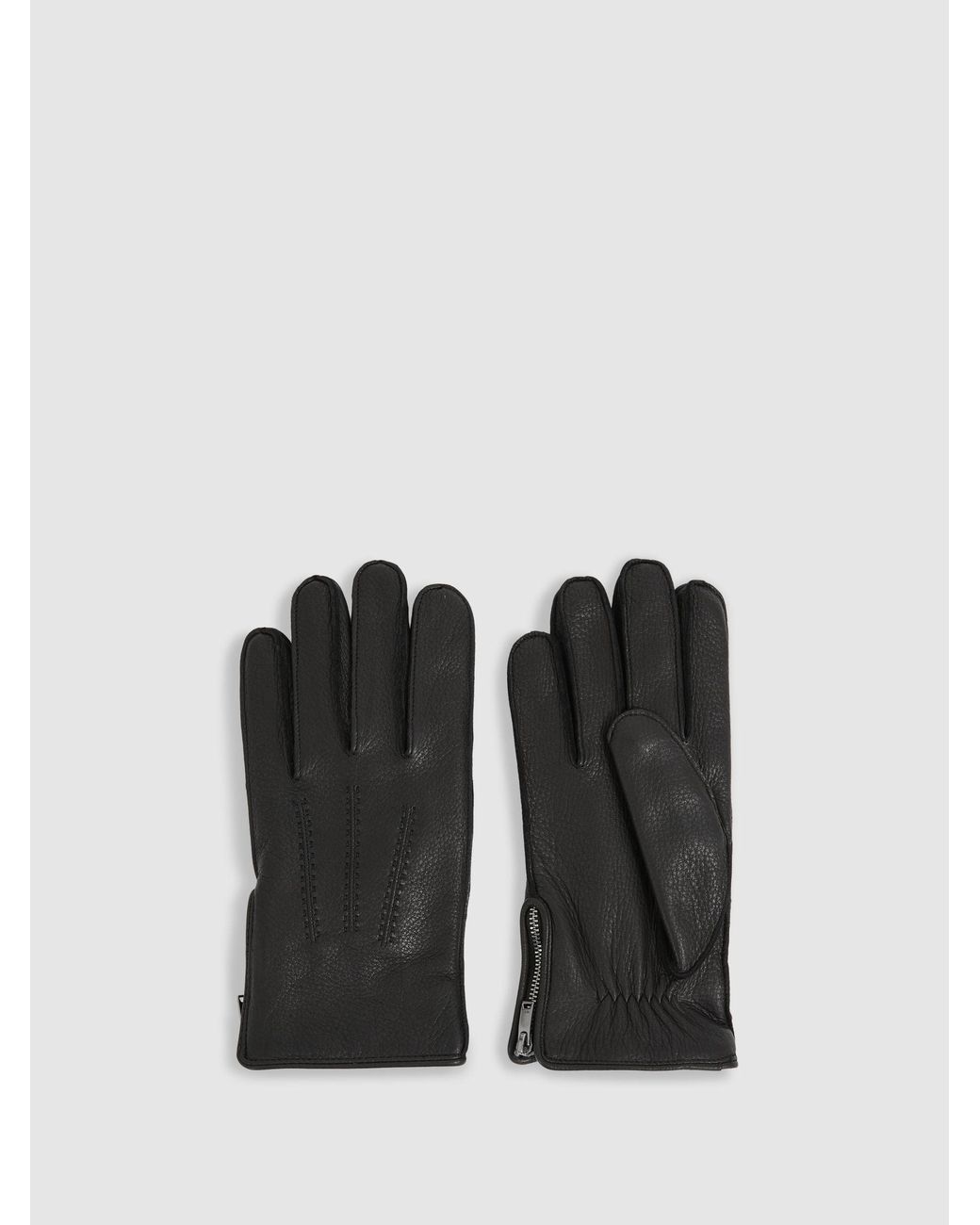 Reiss Black Leather Zip-Side Gloves for men