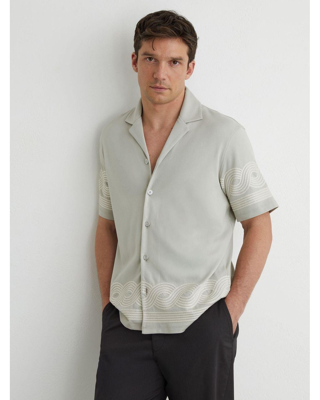 Reiss Gray Arden Cotton-Blend Embroidered Cuban-Collar Shirt for men