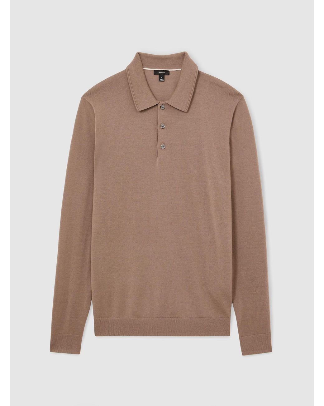 Reiss Brown Merino Wool Long-Sleeve Polo Shirt for men