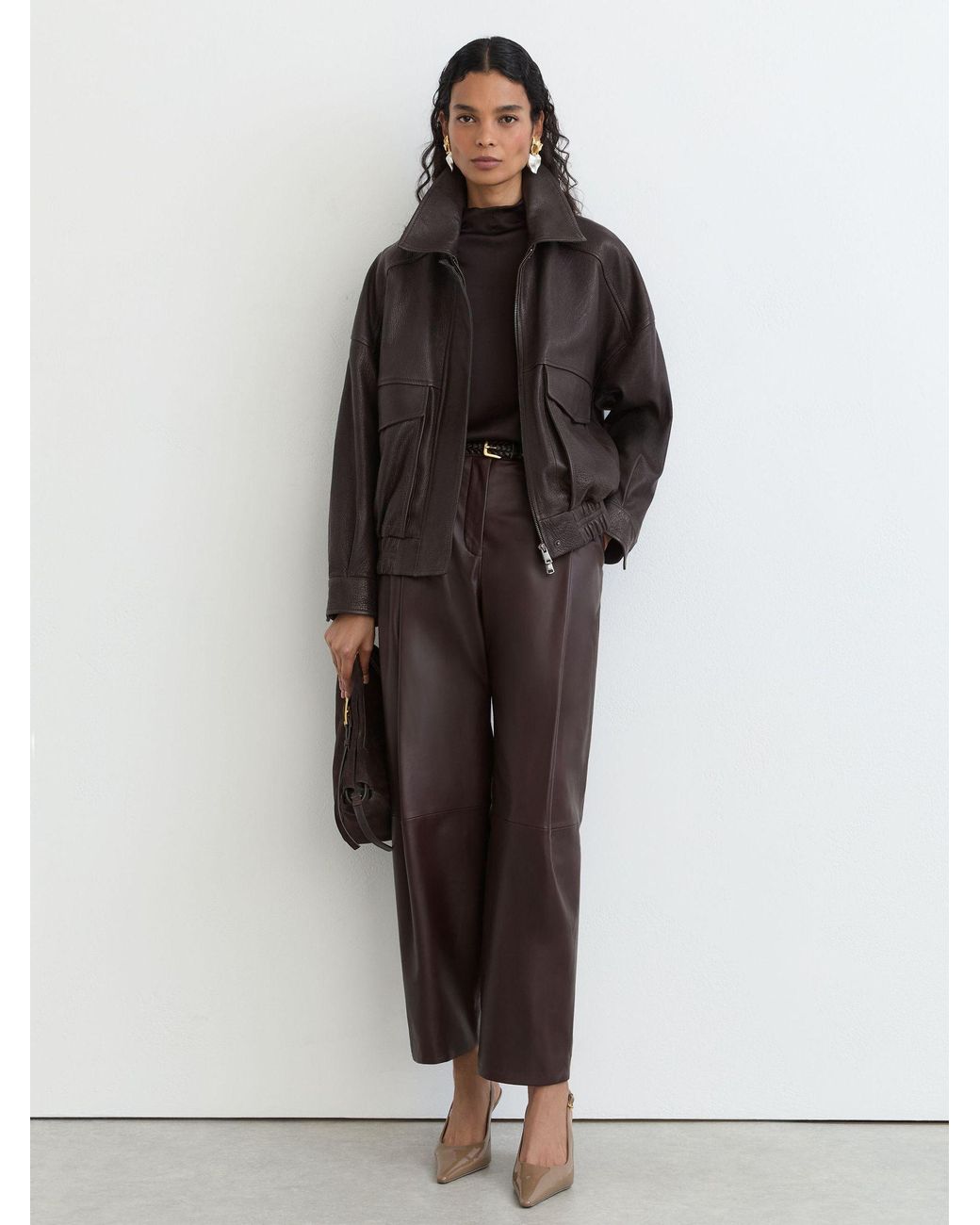 Reiss Brown Maeve Ebony Leather Twin-Pocket Relaxed Jacket, Dark
