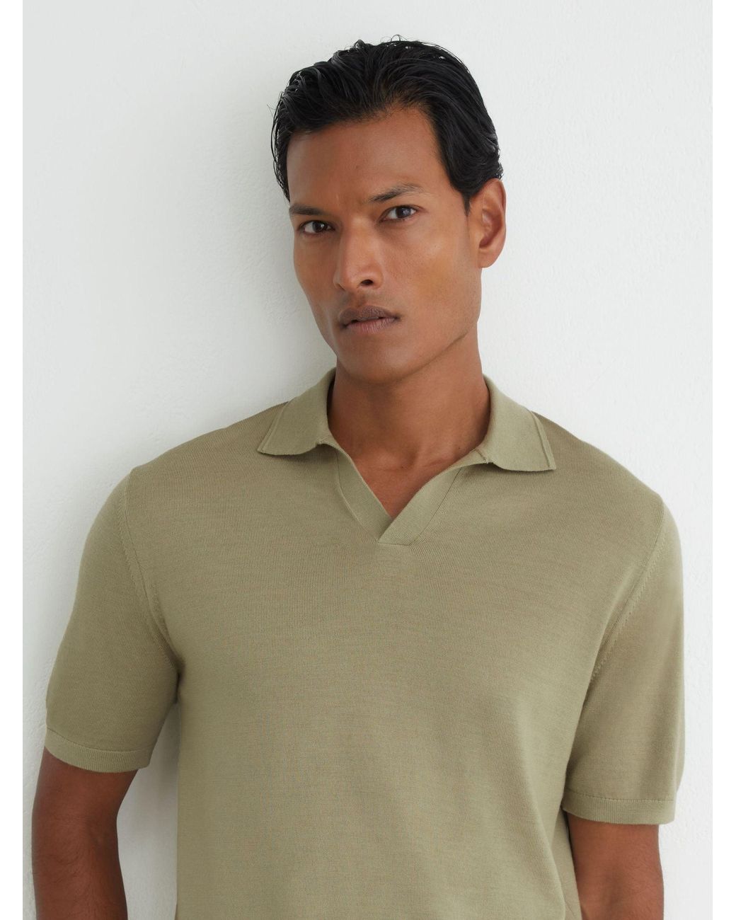 Reiss Green Merino Wool Open-Collar Polo Shirt for men