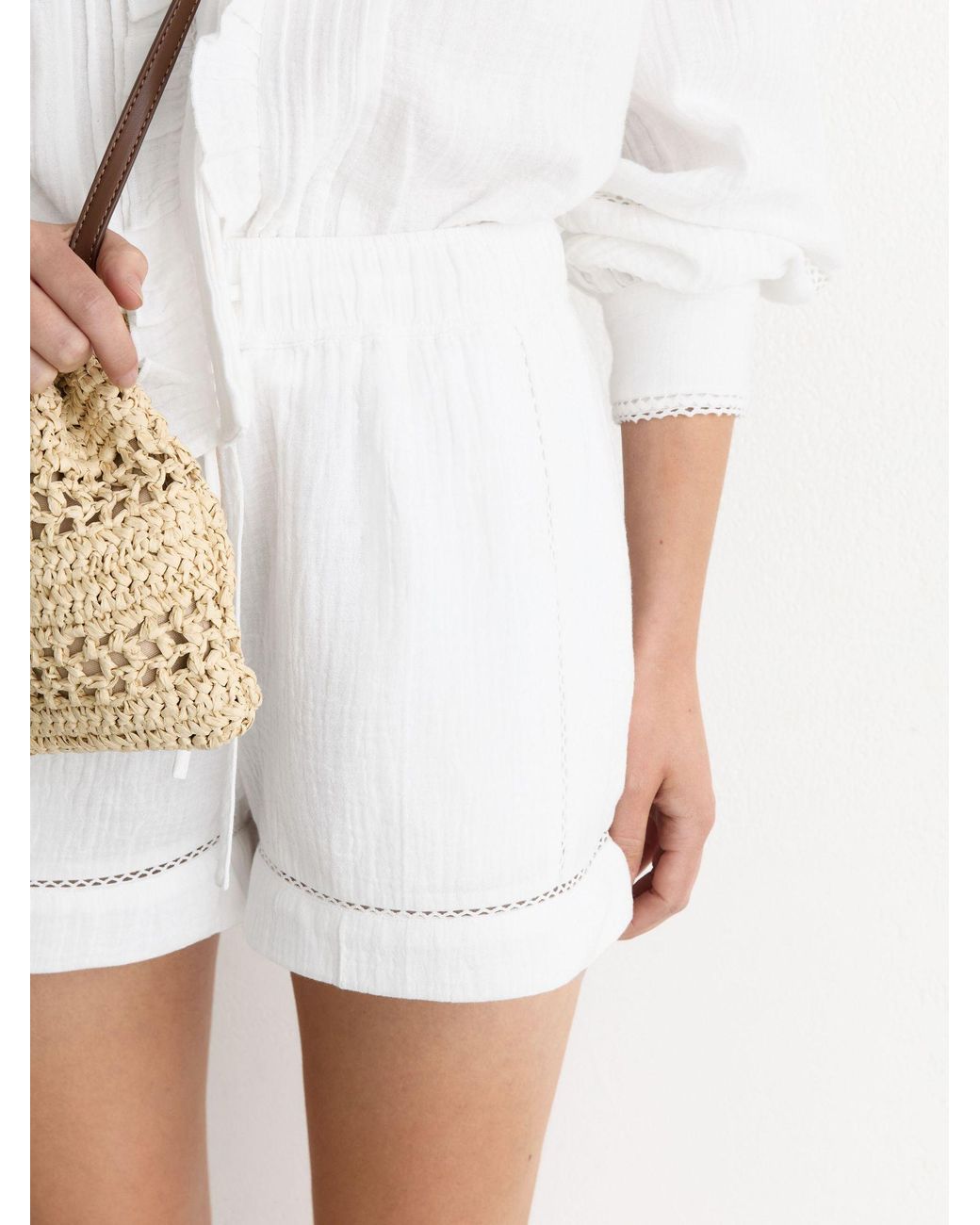 Reiss White Cotton Cheesecloth Stitch-Detail Shorts