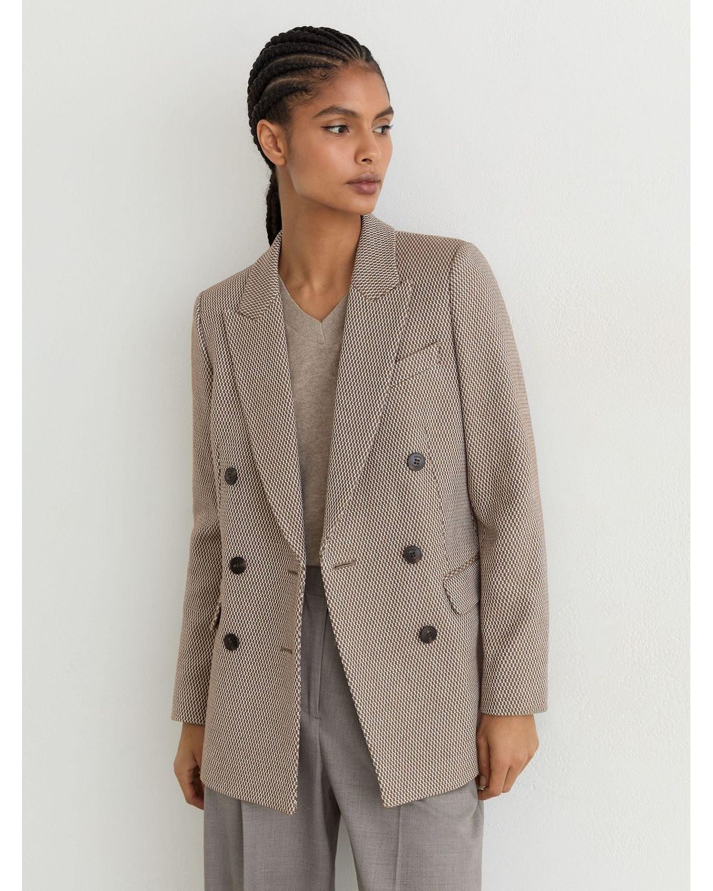 Reiss Multicolor Aubrey - Taupe Neutral Wool-blend Textured Double-breasted Blazer, Us 2