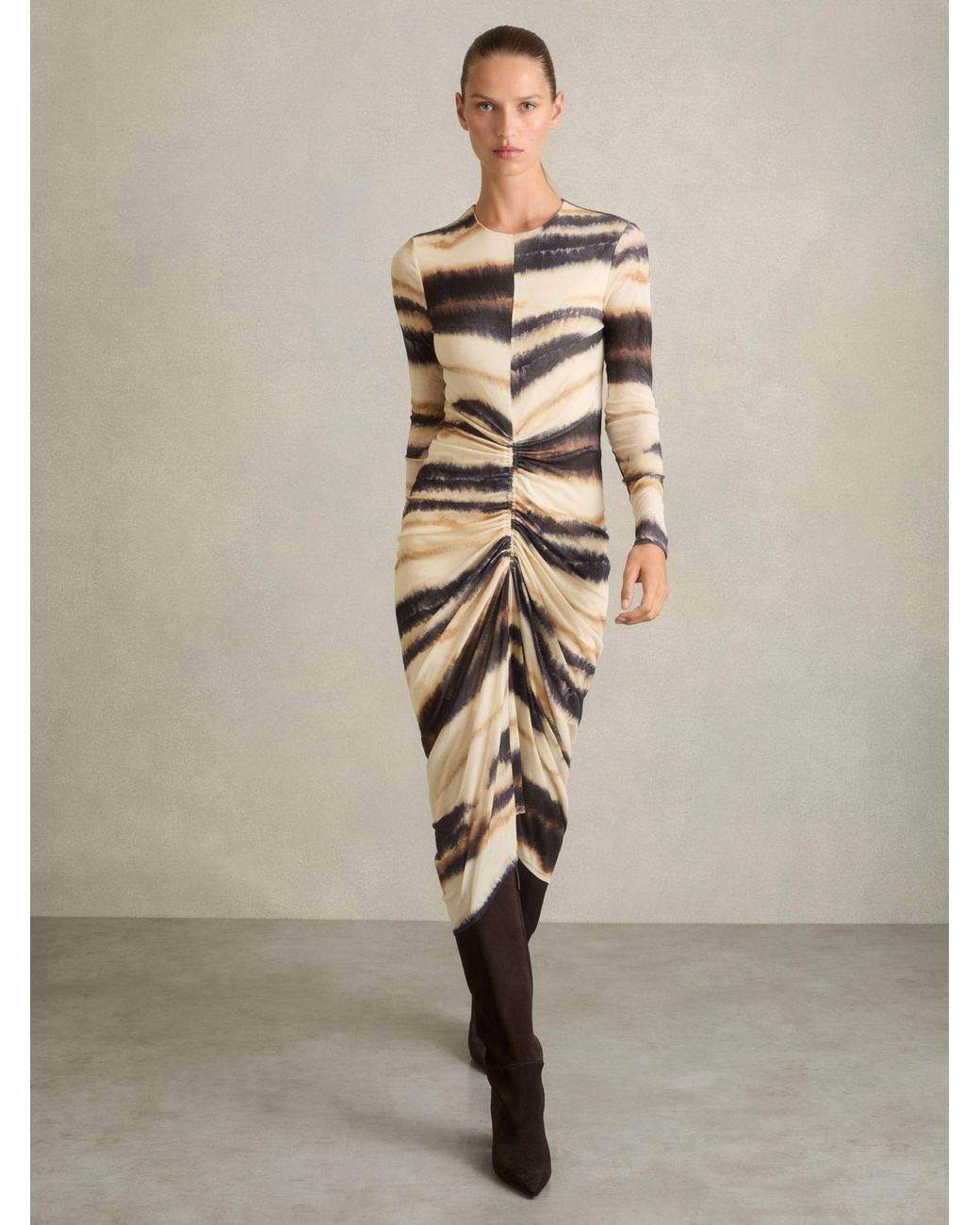 Reiss Natural Georgia Dress Lyocell Abstract Print, Neutral