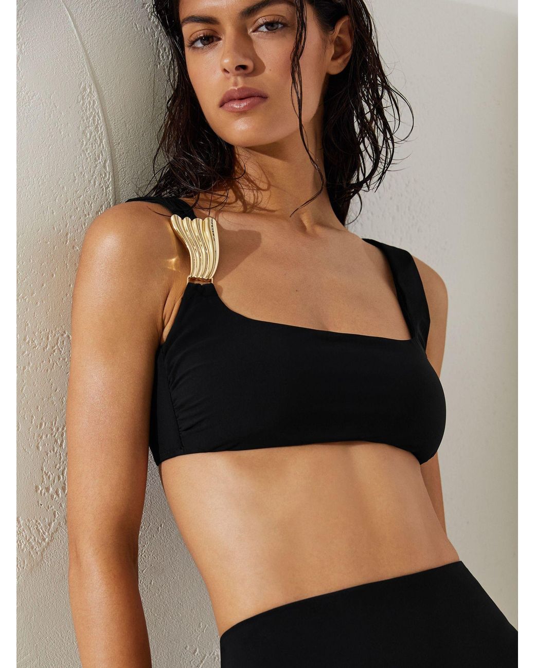 Reiss Black Hardware-Detail Square-Neck Bikini Top