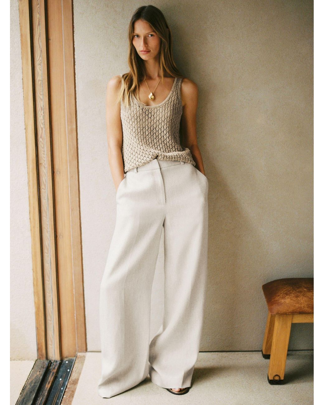 Reiss White Neutral Nolah Petite Linen-Blend Textured Wide-Leg Trousers