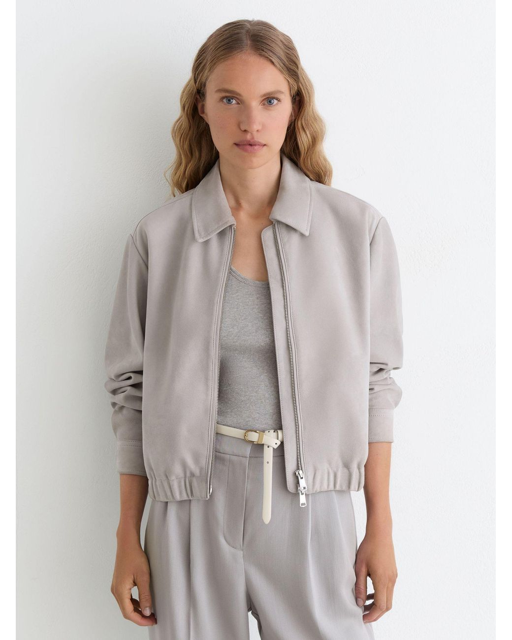 Reiss White Lottie Petite Cropped Bomber Jacket