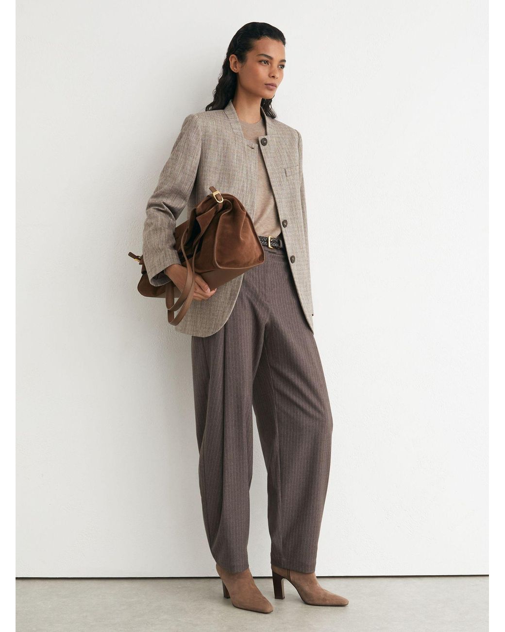 Reiss Brown Wool-Blend Collarless Blazer