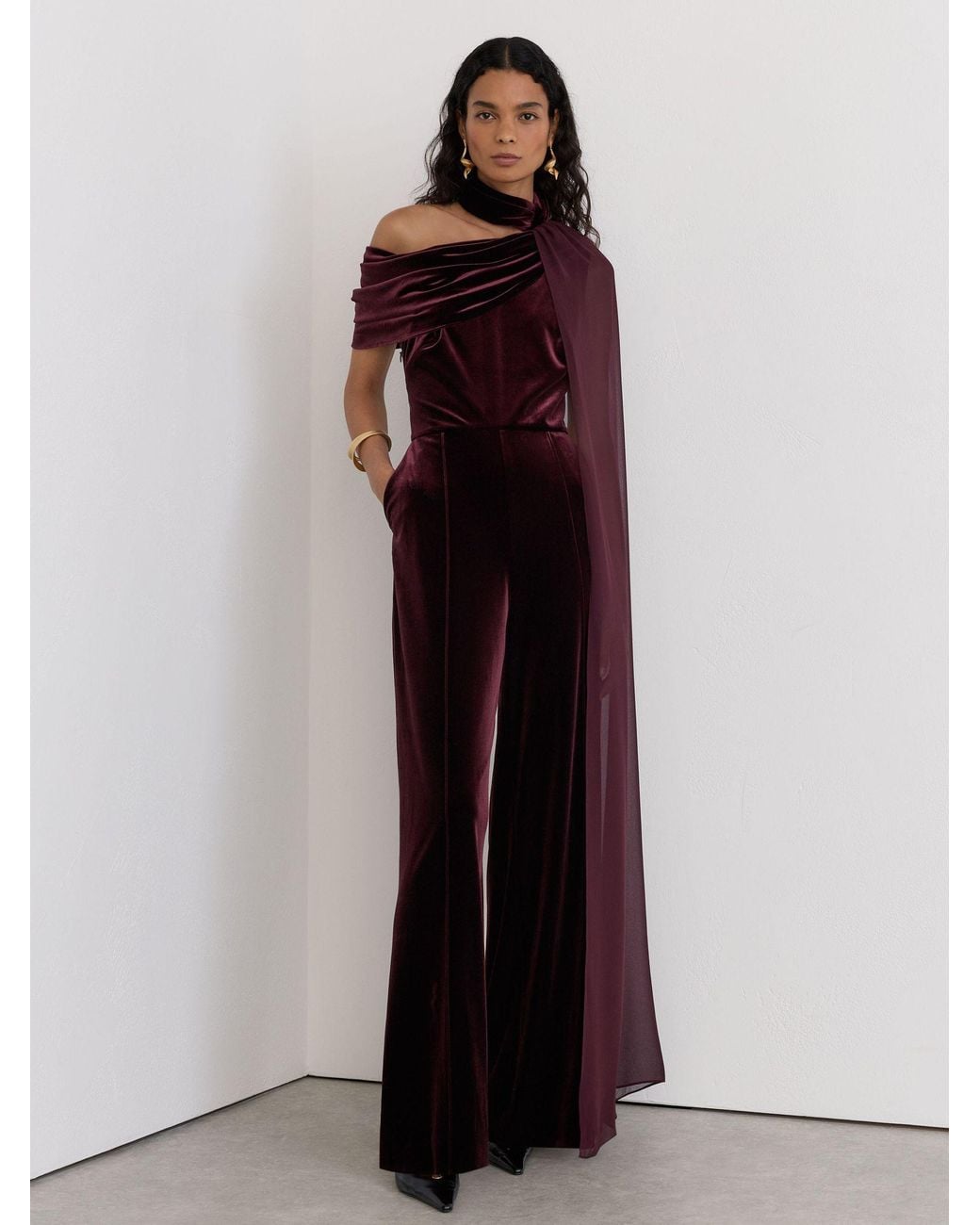 Reiss Red Petite Velvet Drape-Detail One-Shoulder Jumpsuit