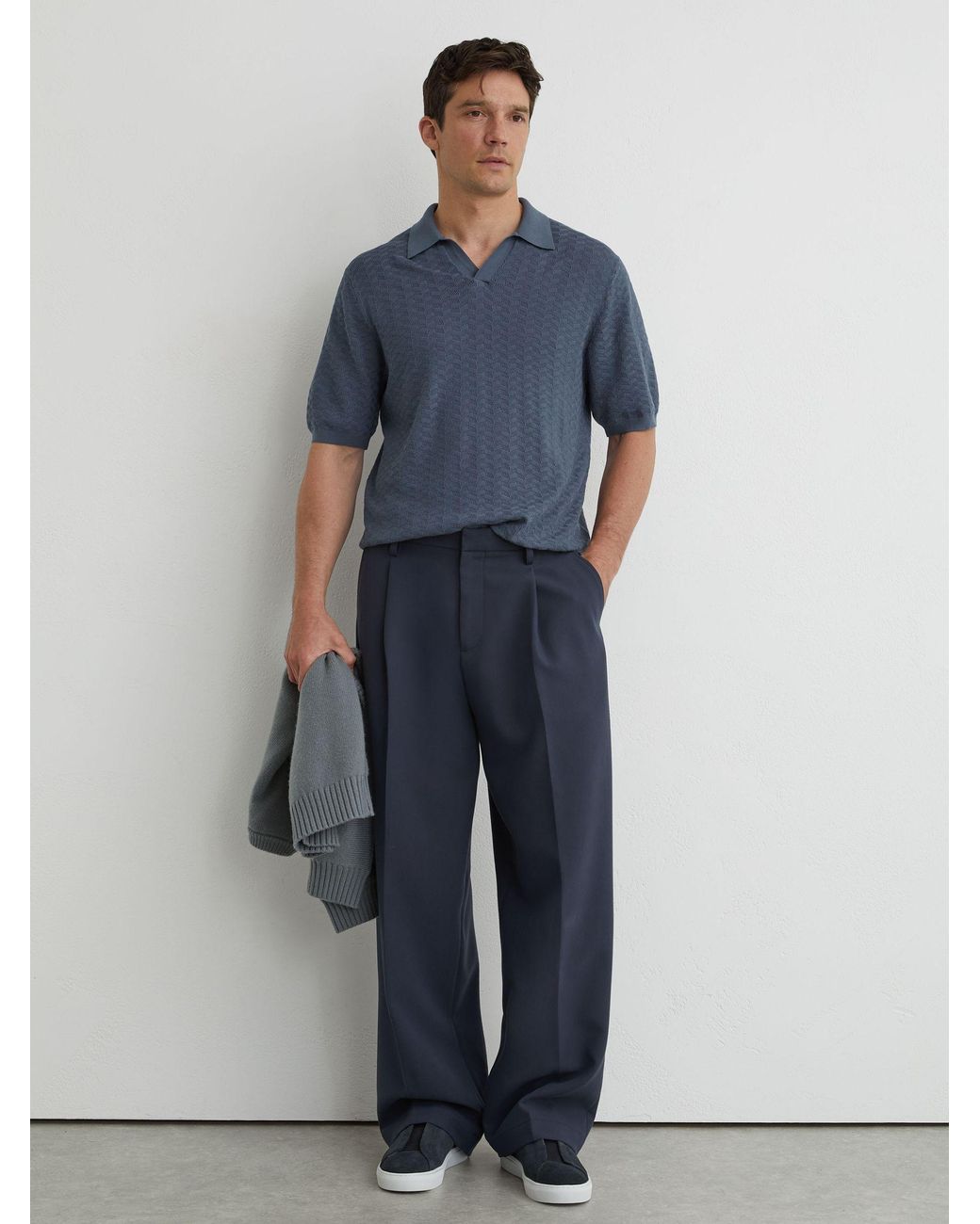 Reiss Blue Textured-Knit Open-Collar Polo Shirt for men
