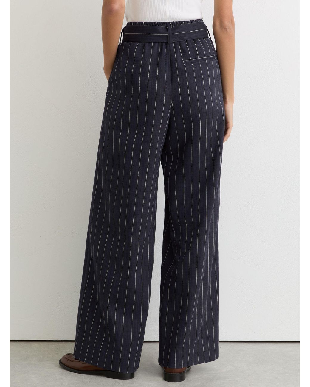 Reiss Blue Rae Petite Pinstripe Belted Wide-Leg Trousers