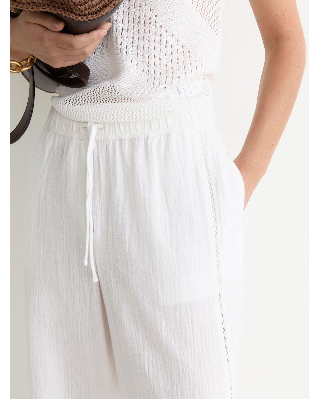 Reiss White Cotton Cheesecloth Wide-Leg Trousers