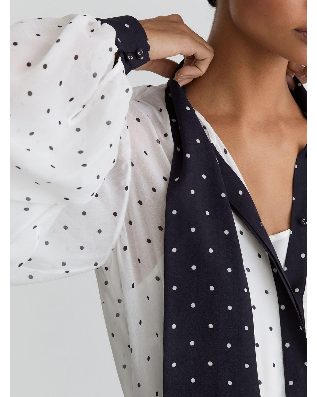 Reiss Blue Arial - Ivory/navy Polka-dot Tie-neck Blouse, Us 4