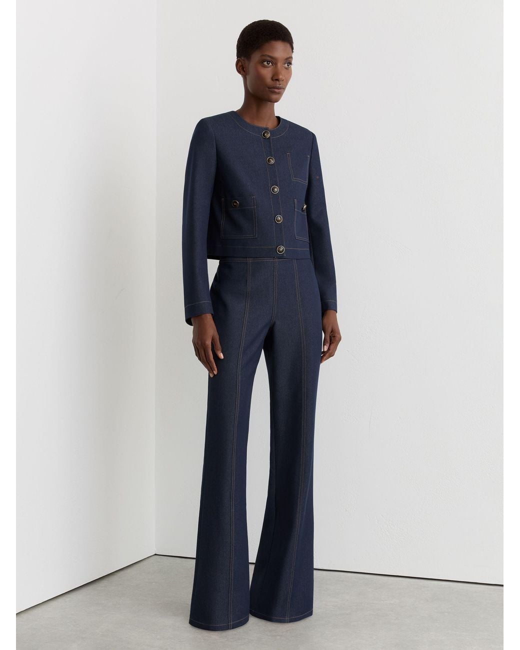 Reiss Blue Flared-Leg Denim-Look Trousers