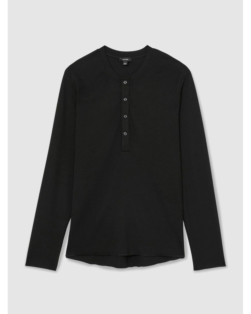 Reiss Black Ribbed Long-Sleeve Henley T-Shirt for men