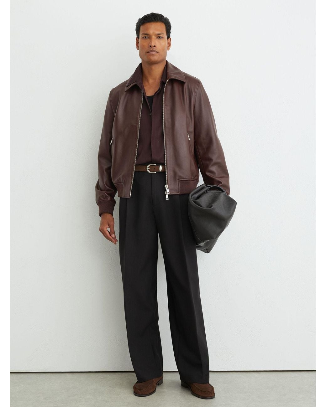 Reiss Brown Leather Zip-Through Collared Bomber Jacket for men