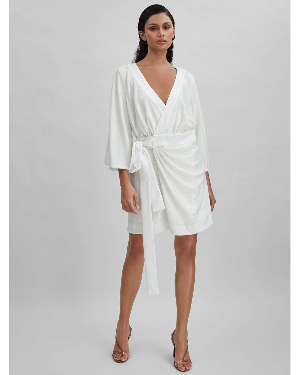 Halston Heritage White Sequin Side Tie Mini Dress, & Camel