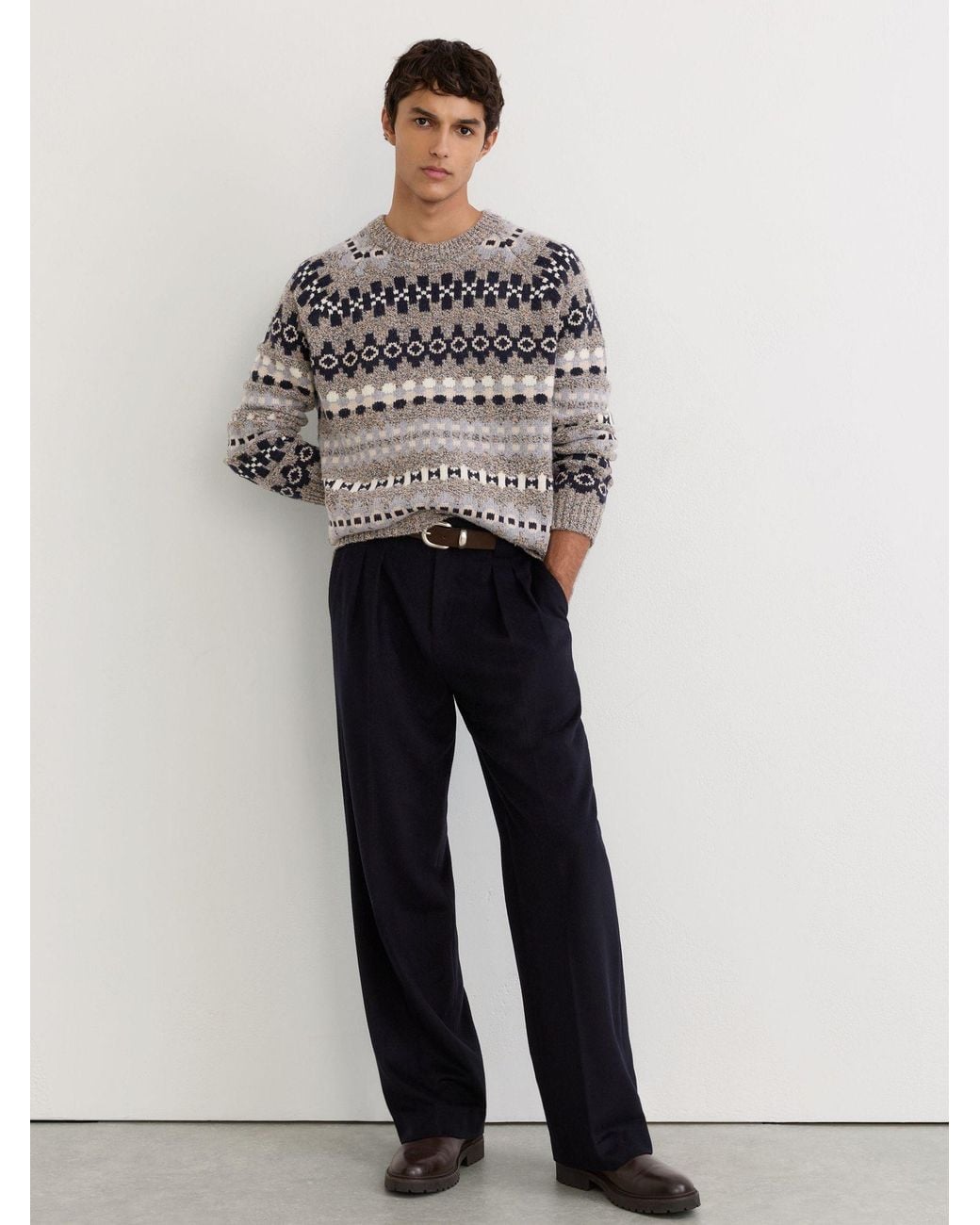 Reiss Gray Wool-Blend Tweed-Jacquard Crew-Neck Jumper for men