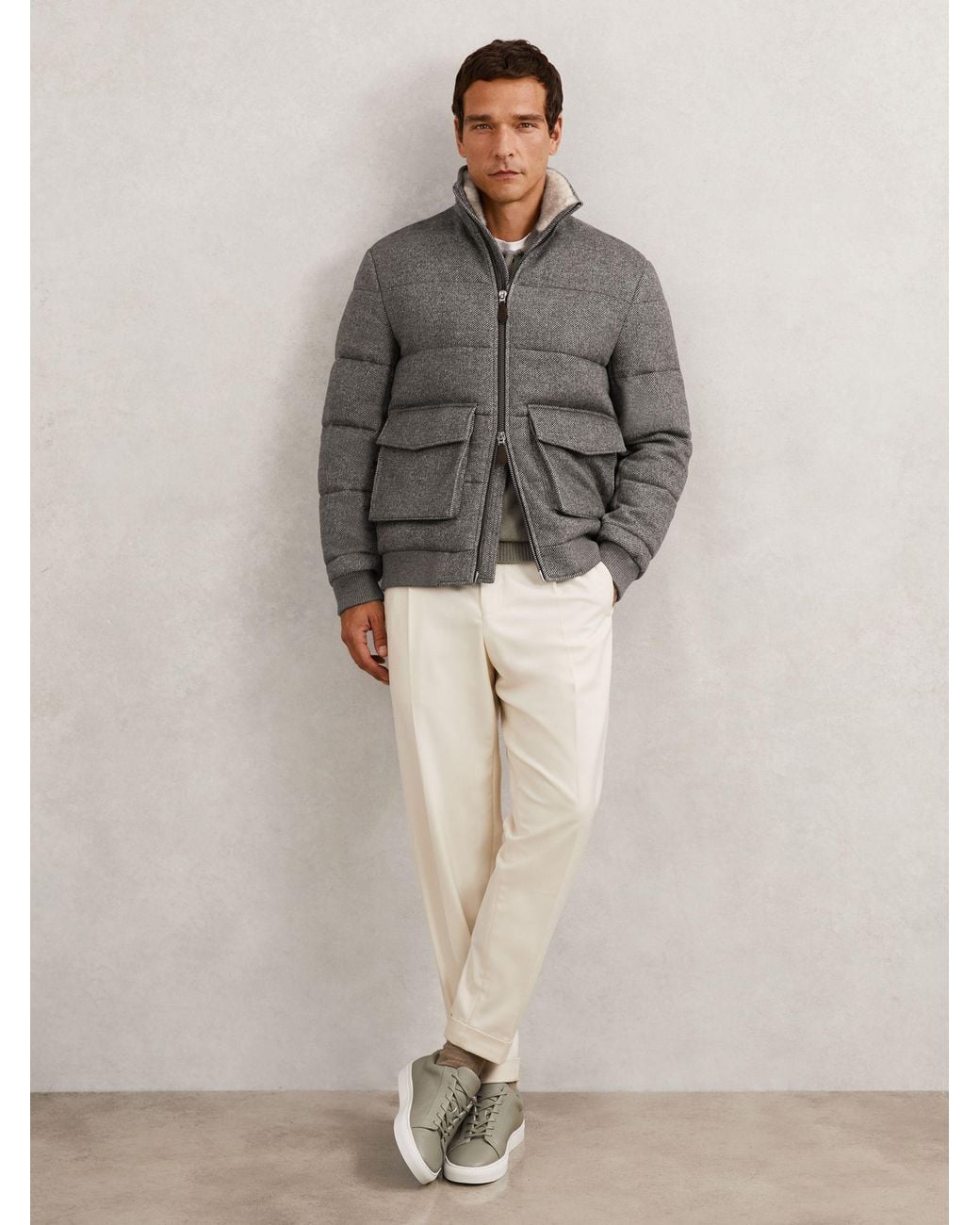 Reiss Gray Faux-Fur Collar Quilted Puffer Jacket for men