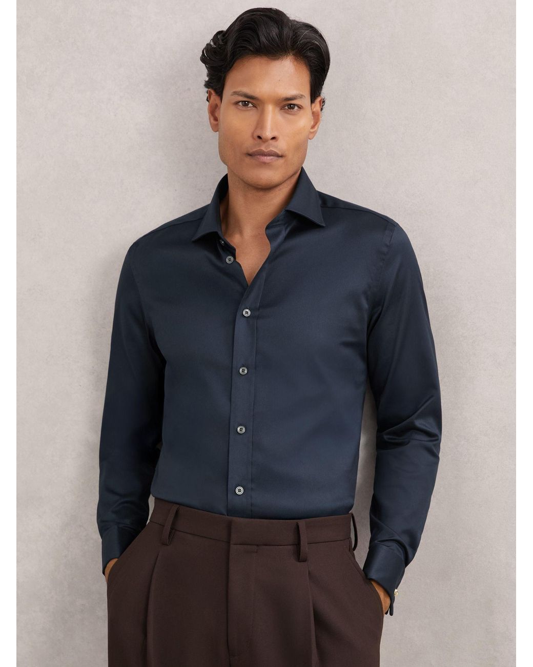 Reiss Blue Slim Fit Stretch Double-Cuff Shirt Cotton-Blend for men