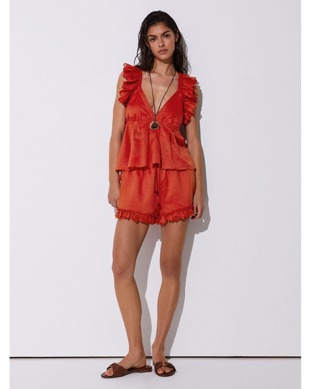 Reiss Red Ruffle Trim Side-Tie Babydoll Top