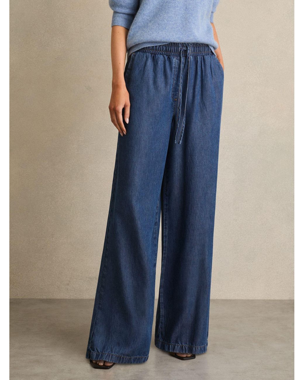 Reiss Parker - Mid Blue Wide-leg Chambray Drawstring Trousers, Us 0 L