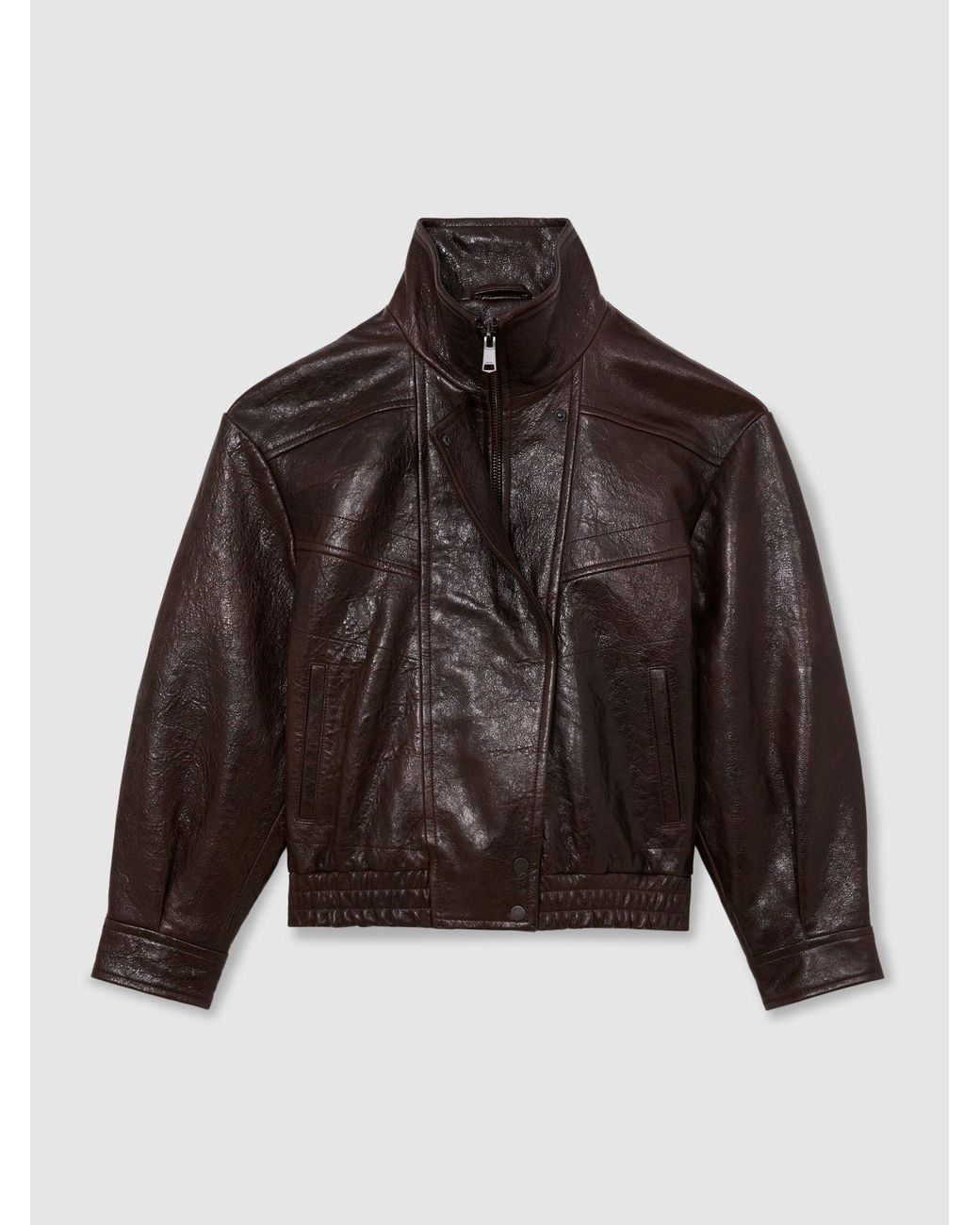 Reiss Brown Aubergine Petra Textured Leather Oversized Jacket