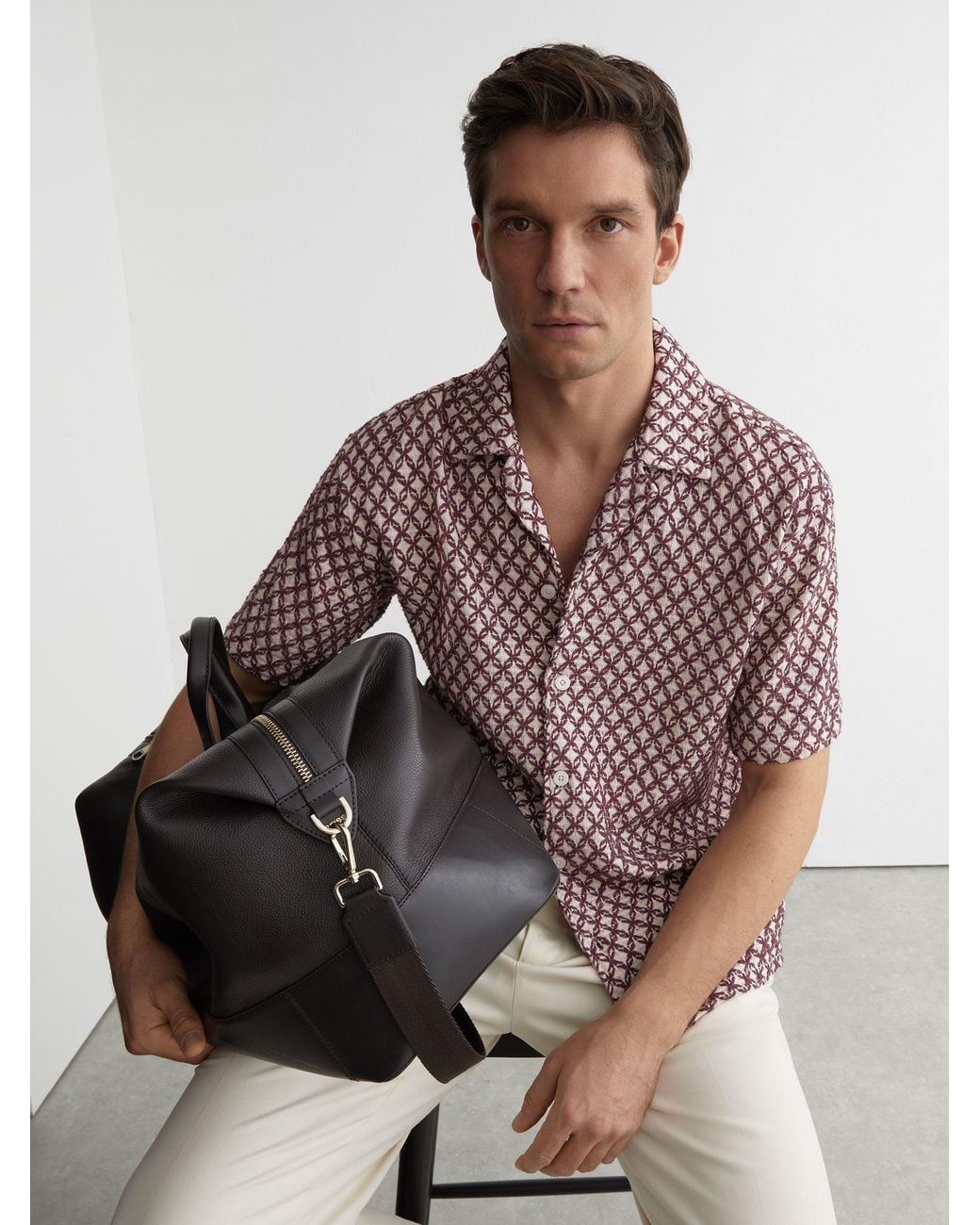 Reiss Brown Cotton-Blend Embroidered Crochet Shirt for men