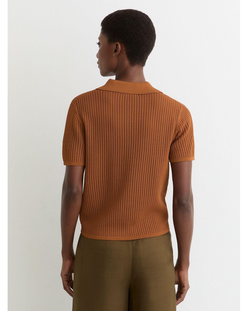 Reiss Brown Open-Stitch Knitted Polo Top