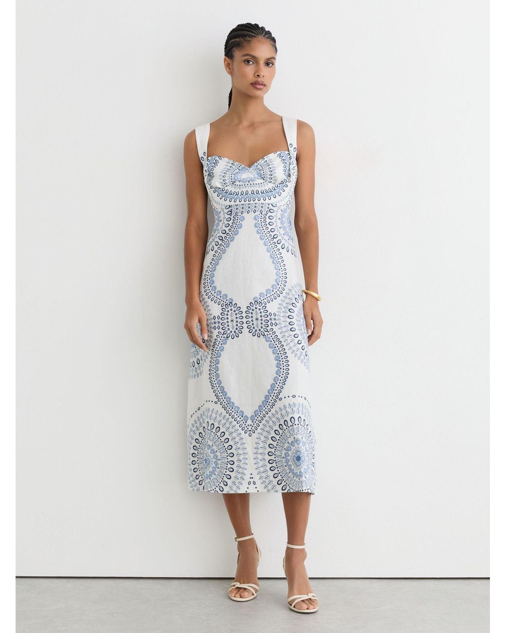 Reiss White Addison - Ivory/blue Linen Shell-print Tie-back Midi Dress, Us 14