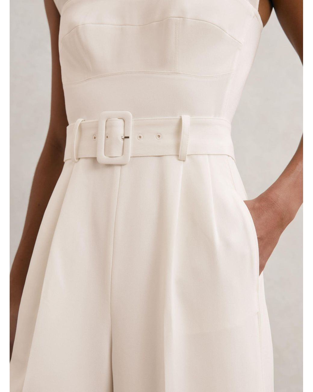 Reiss Natural Sheer-Panel Wide-Leg Belted Jumpsuit