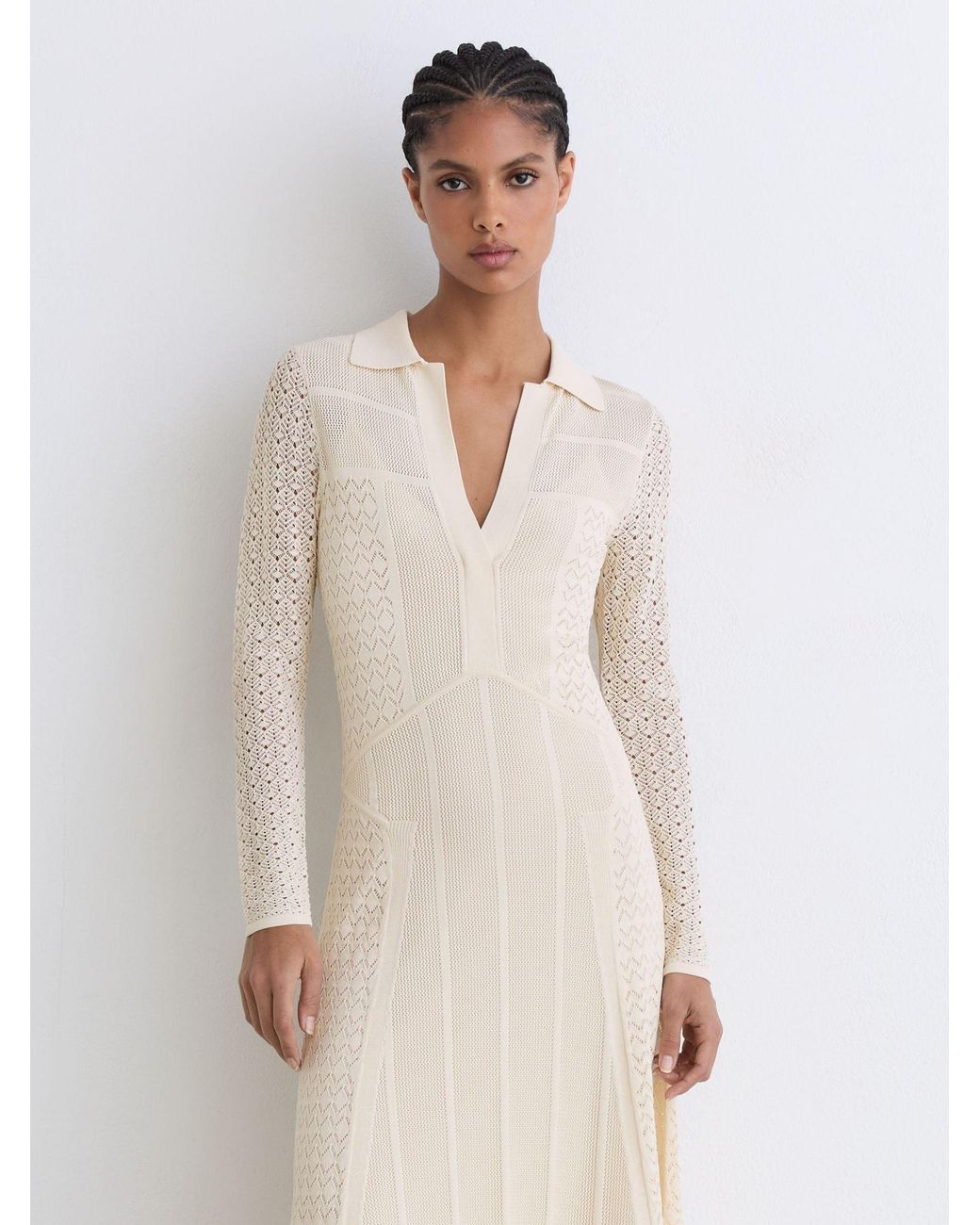 Reiss White Pointelle-Knit Panelled Midi Dress