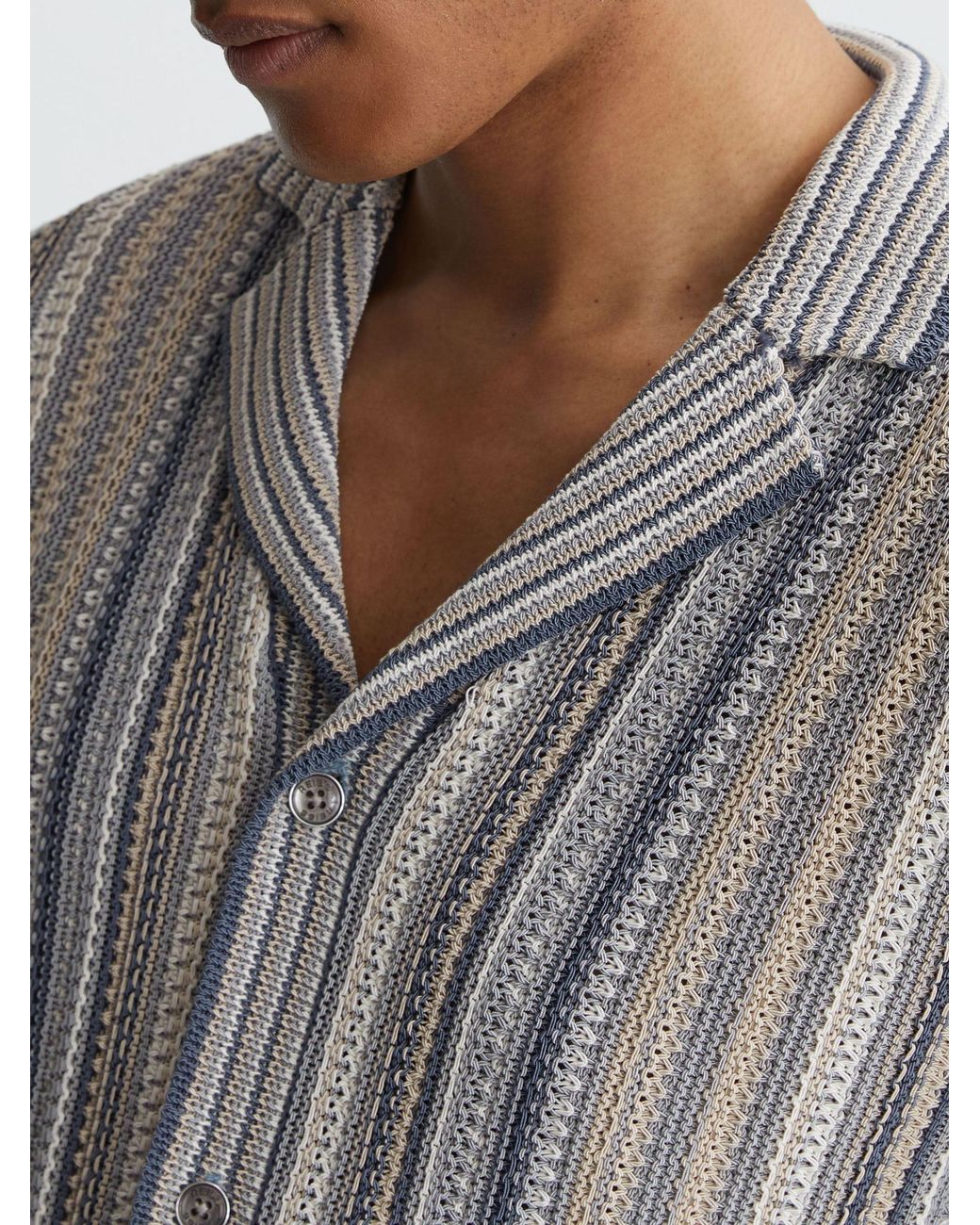 Reiss Gray Camel Striped Knit Cuban-Collar Shirt for men