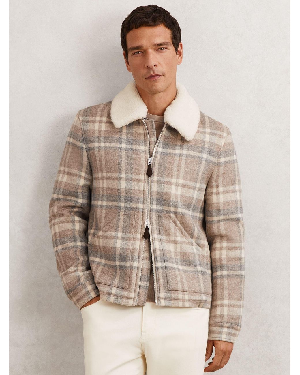 Reiss Natural Wool-Blend Check Fleece-Collar Jacket for men