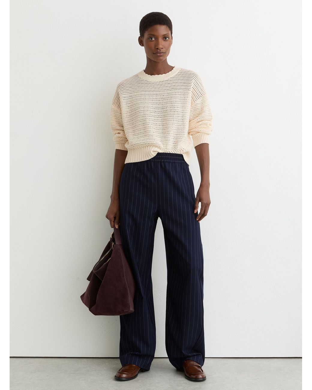 Reiss White Bonnie - Neutral Cotton Open-stitch Crew-neck Jumper, L (us 12-14)