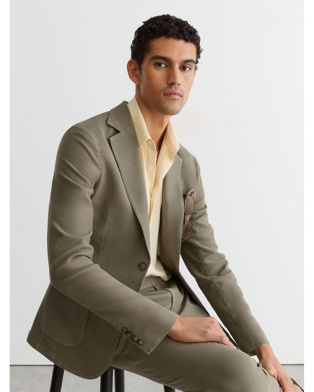 Reiss Green Garment-Dyed Piqué Single-Breasted Suit Blazer Tailored-Fit for men