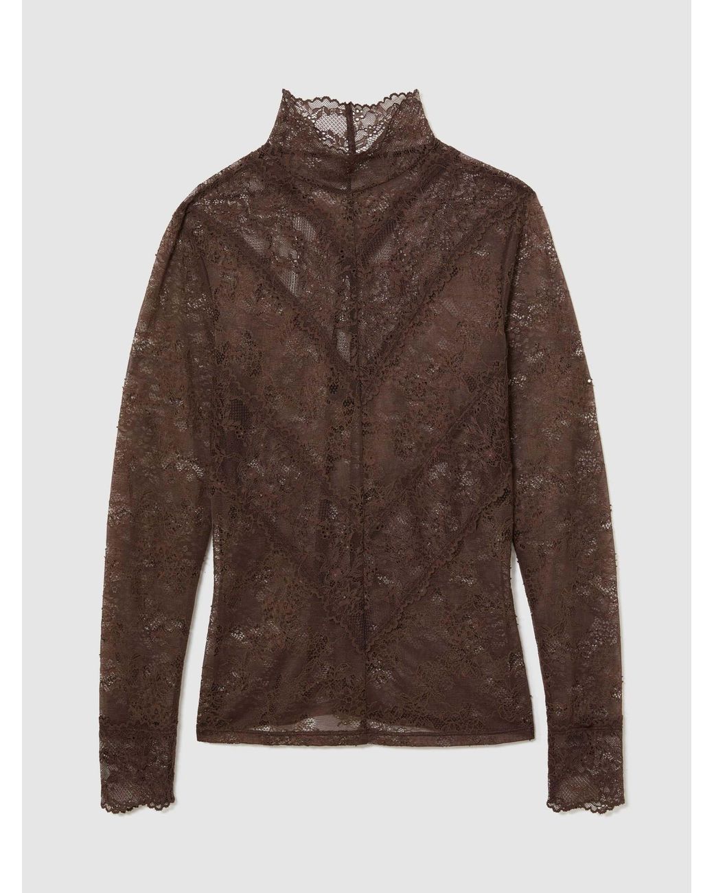 Reiss Brown Lace Long-Sleeve High-Neck Top