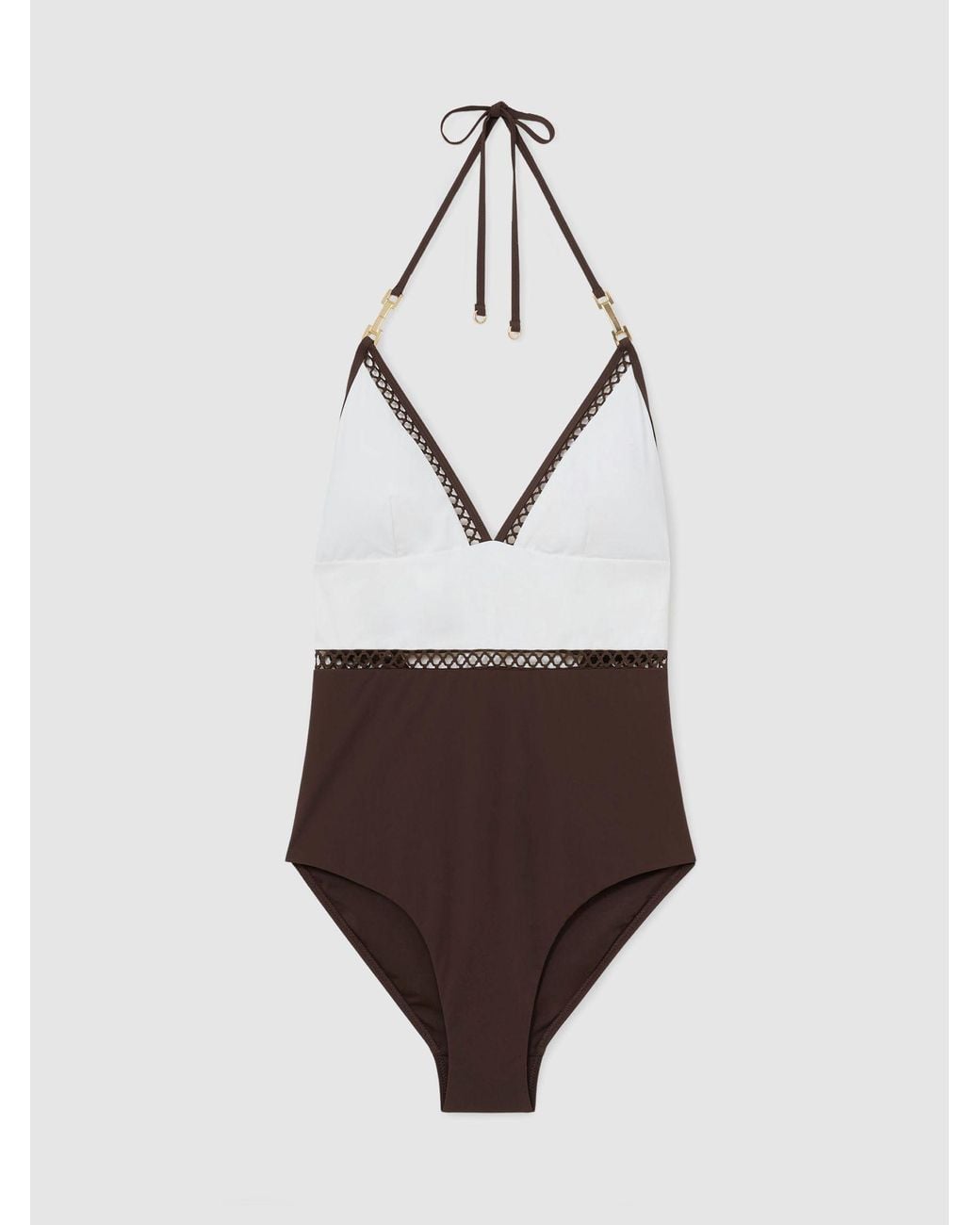 Reiss White Chocolate Colour-Block Lattice-Trim Swimsuit