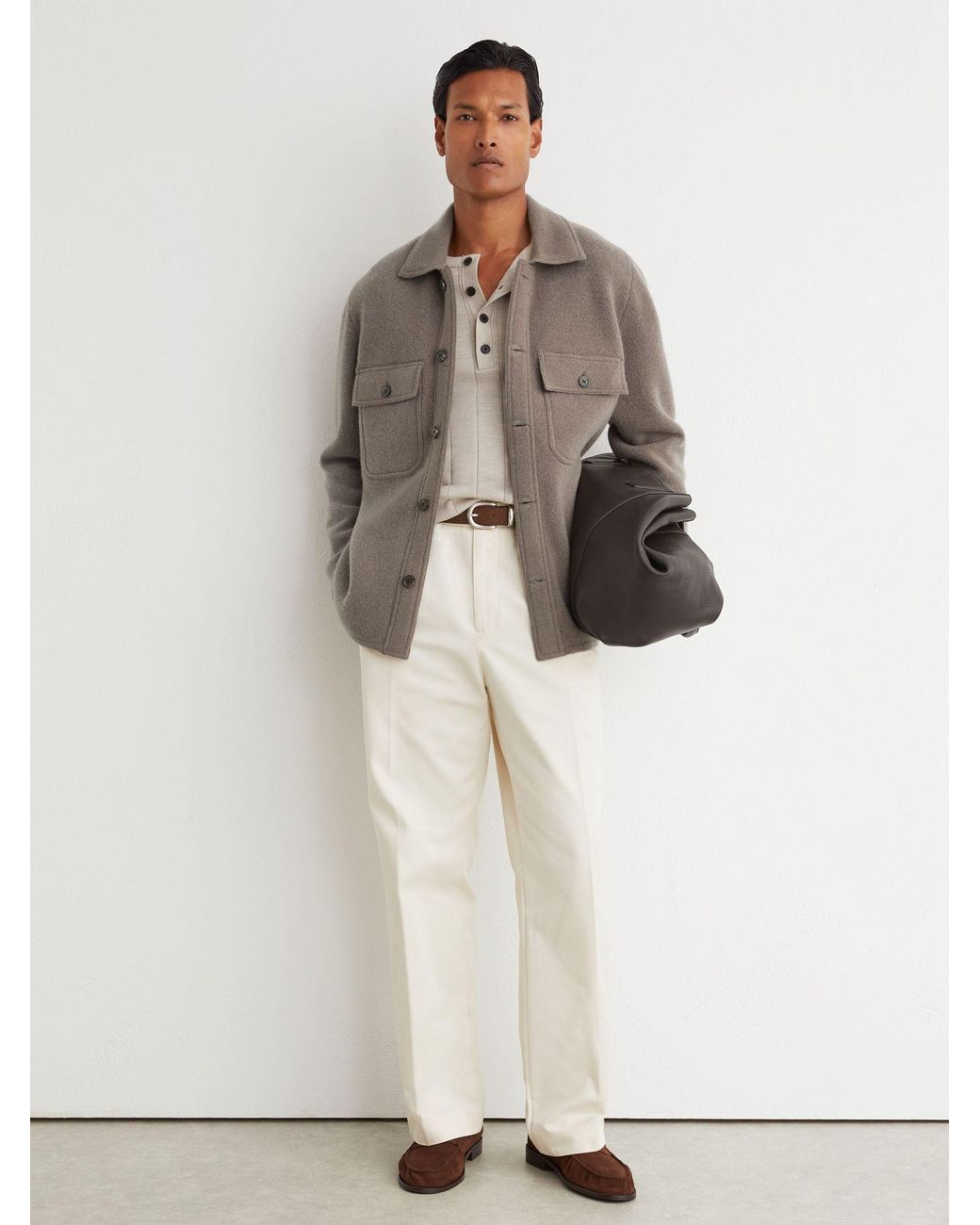 Reiss Banstead - Taupe Brown Brushed Wool Button-through Relaxed Overshirt, Xs for men
