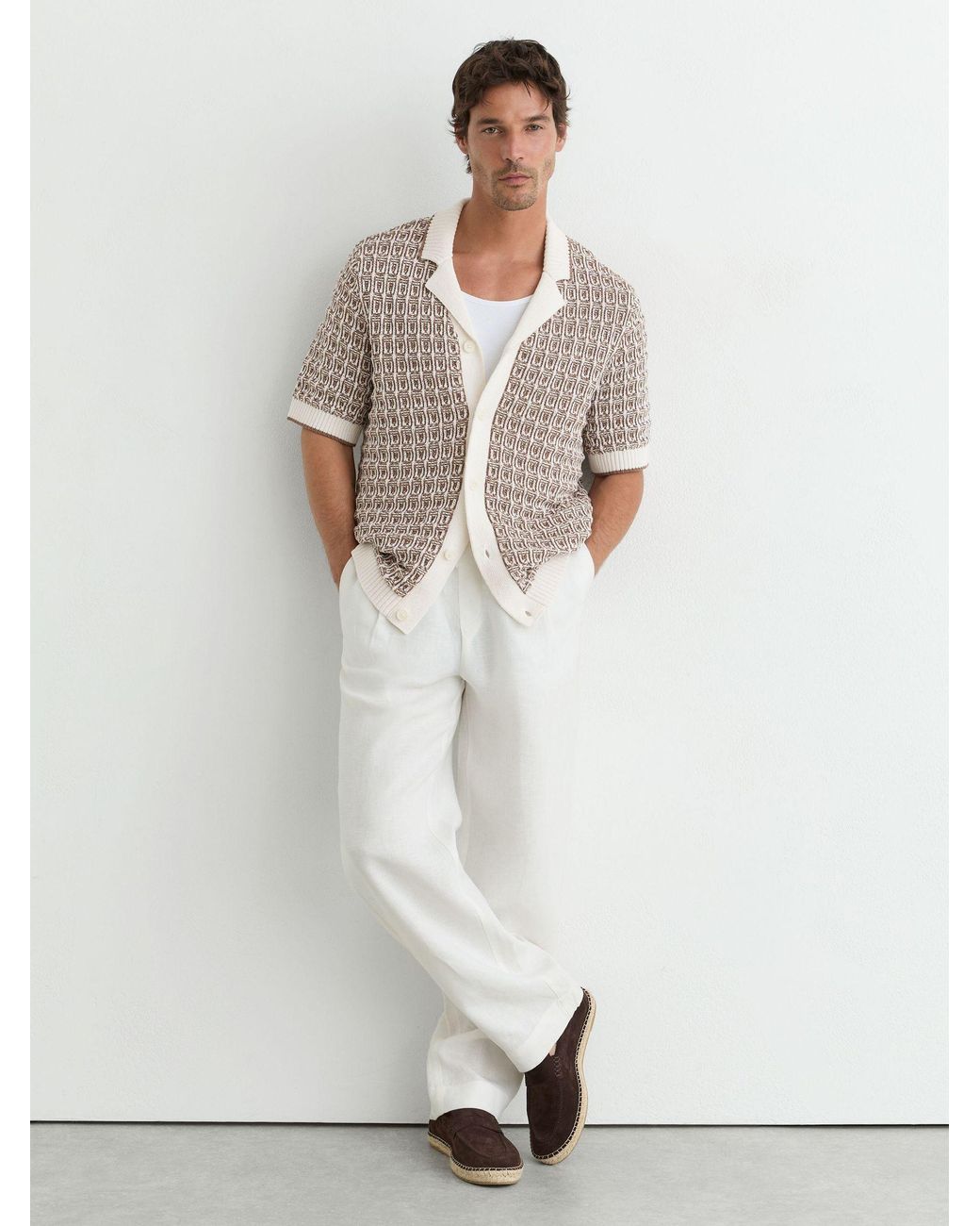 Reiss White Tobacco & Ecru Cotton-Blend Geometric-Knit Shirt for men