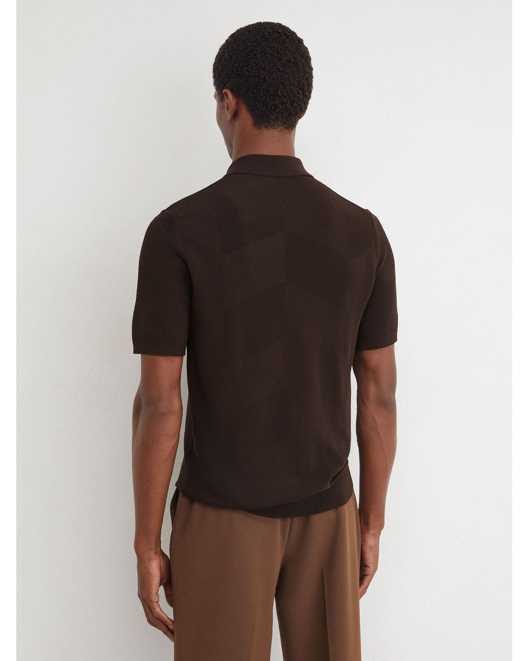 Reiss Black Cotton-Blend Chevron-Knit Half-Zip Polo Shirt for men