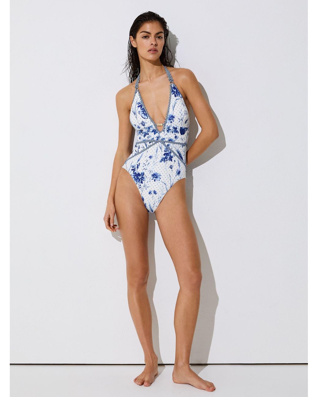 Reiss Blue Floral-Print Plunge Halterneck Swimsuit