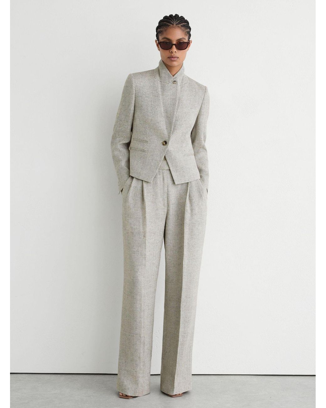 Reiss Gray Petite Herringbone Linen-Blend Straight-Leg Suit Trousers