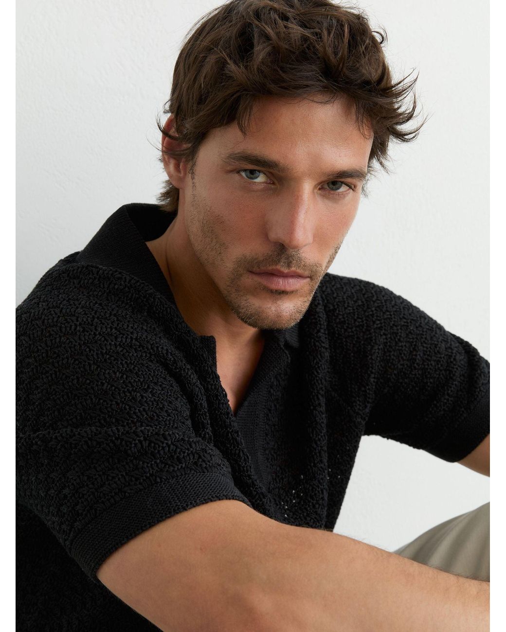 Reiss Black Cotton-Blend Crochet-Knit Polo for men