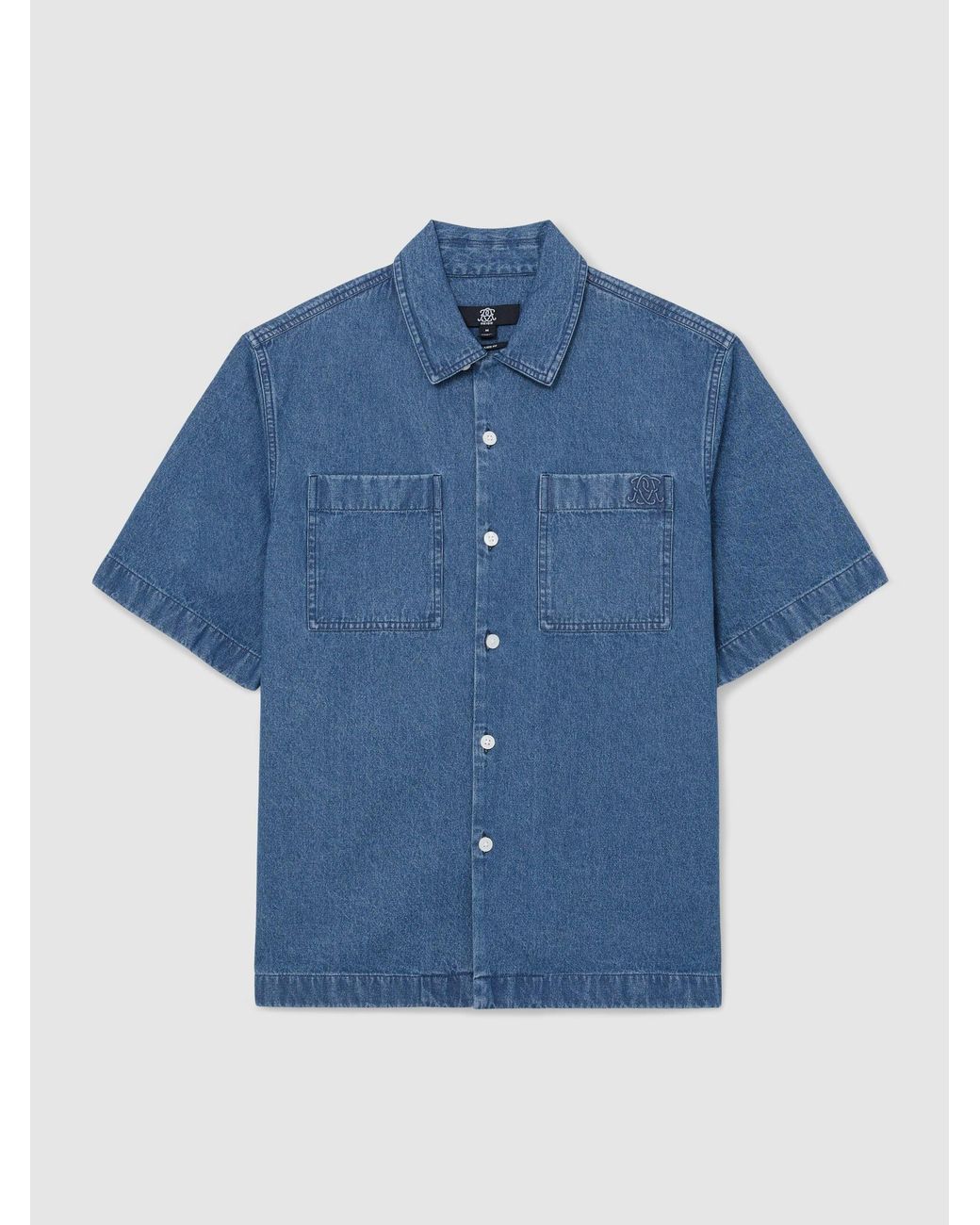Reiss Blue Monogram-Embossed Relaxed Denim Shirt for men