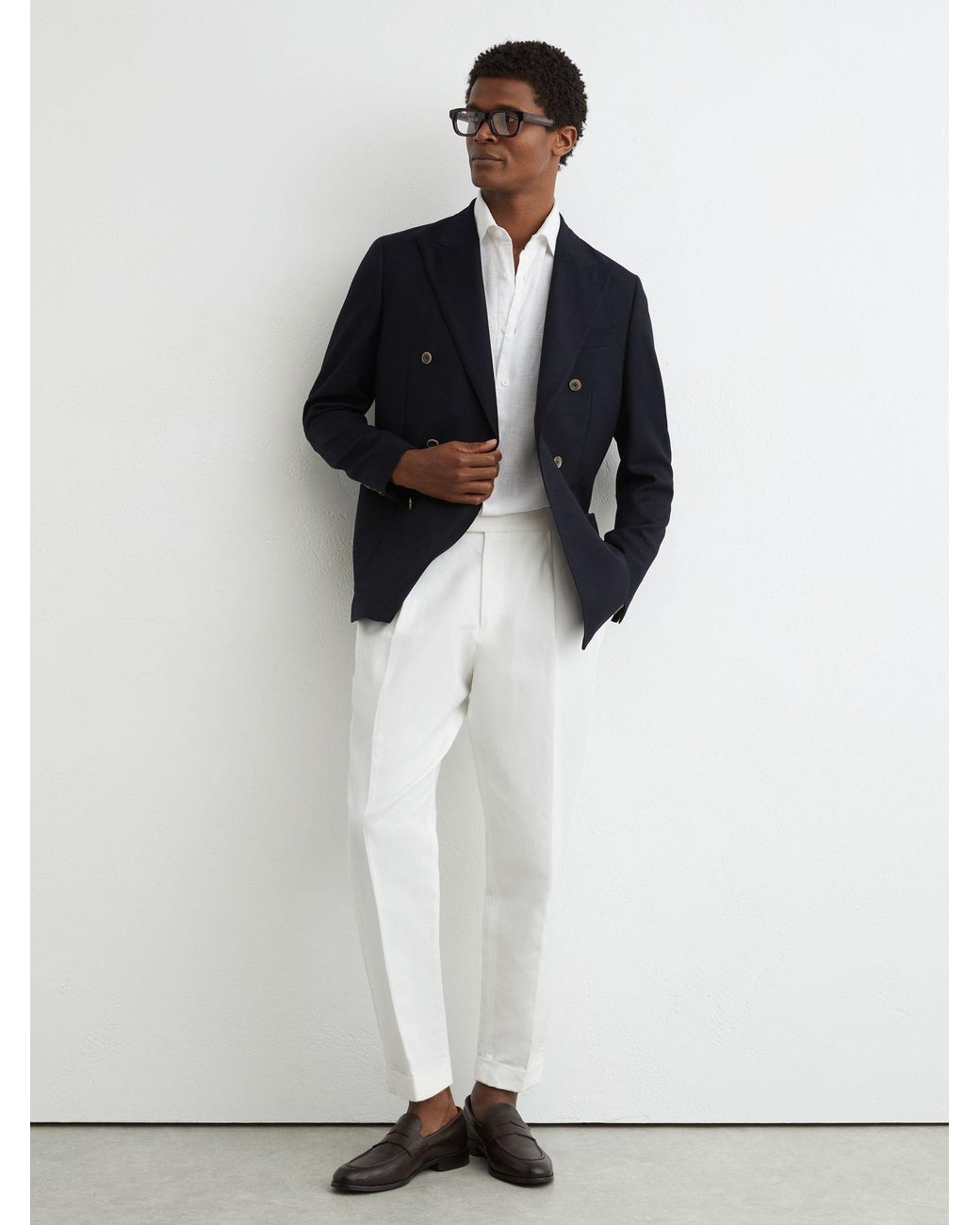 Reiss White Tailored Fit Wool Herringbone Double-Breasted Blazer for men