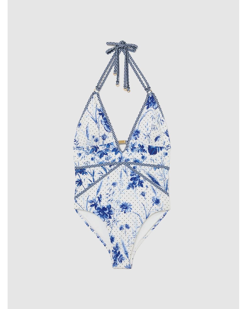 Reiss Blue Floral-Print Plunge Halterneck Swimsuit
