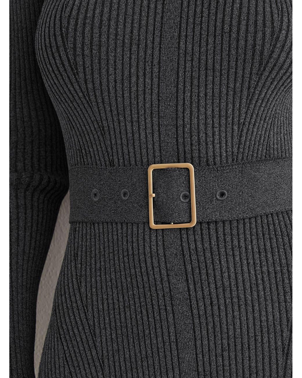 Reiss Black Rib-Knit Belted Midi Dress